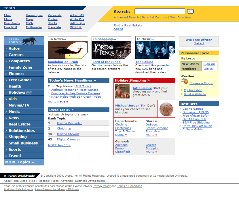 Lycos website in 2001