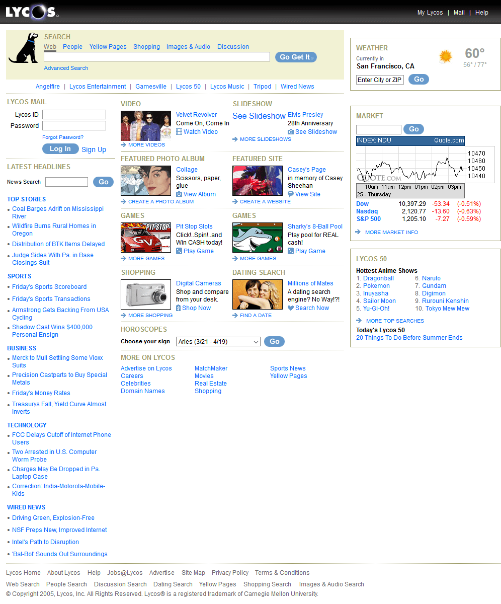 Lycos website in 2005