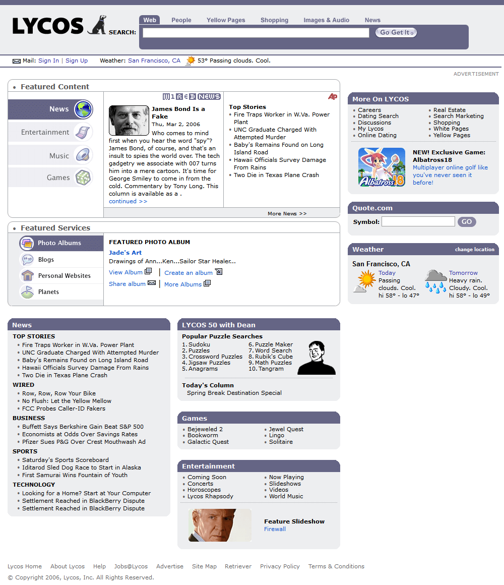 Lycos website in 2006