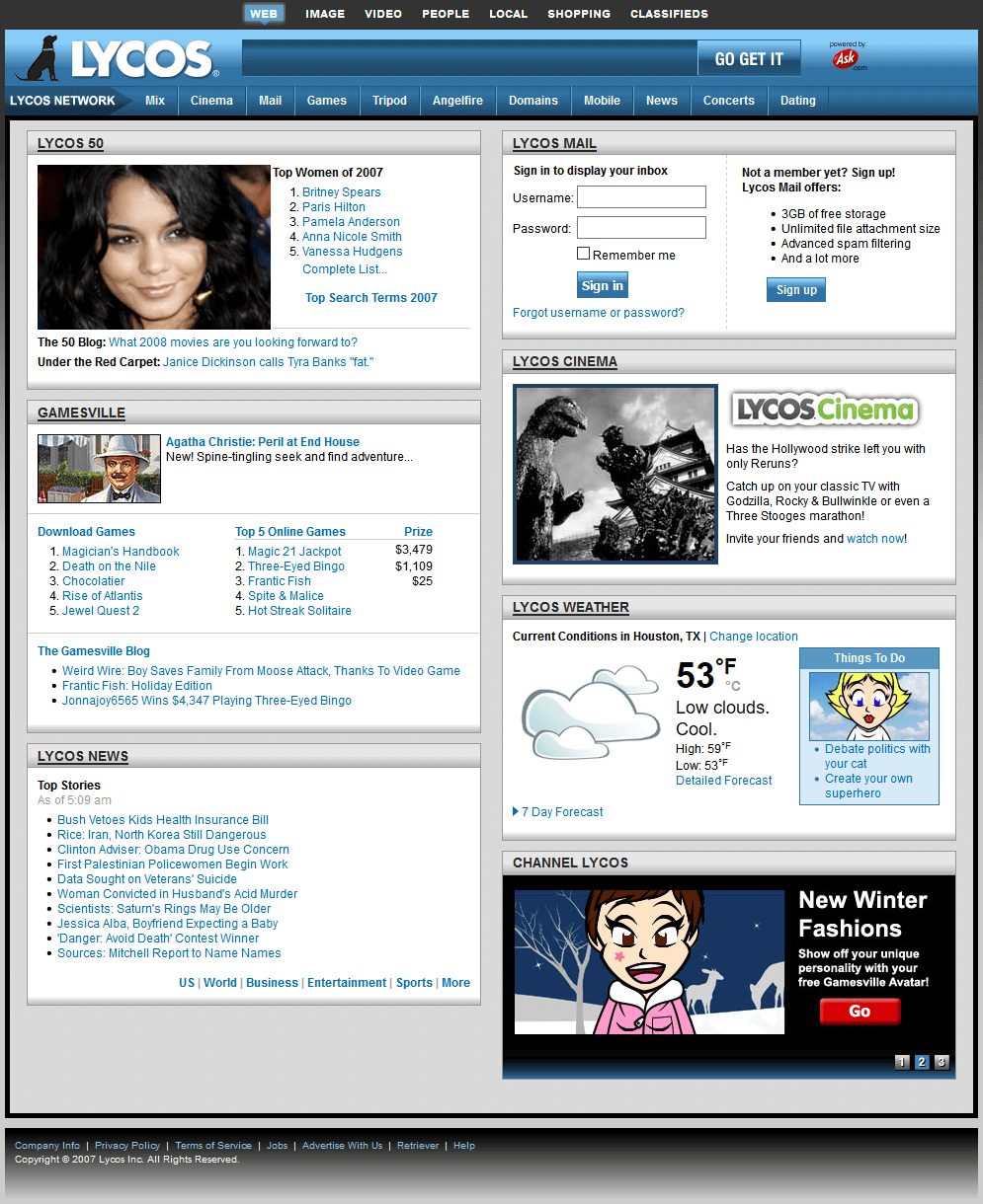 Lycos website in 2007