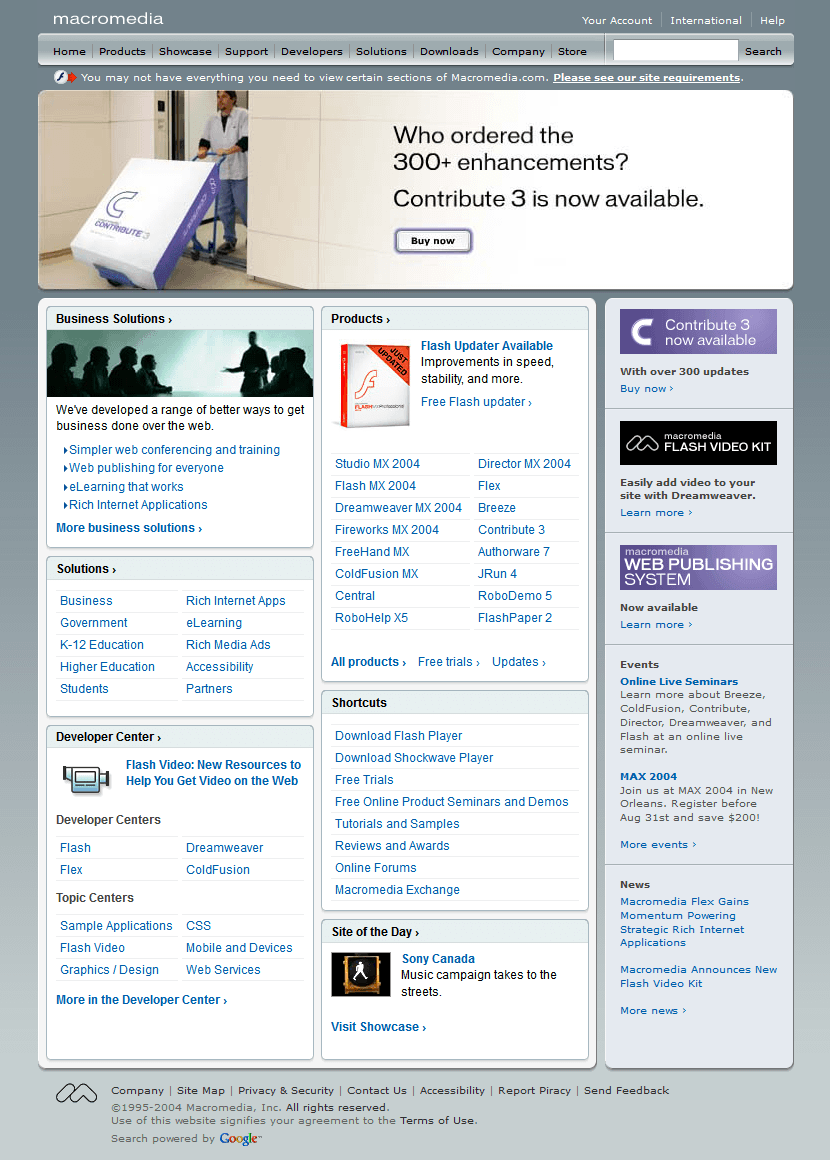Macromedia website in 2004