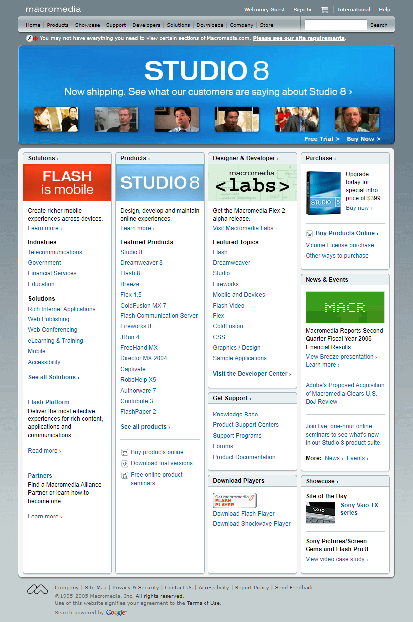 Macromedia website in 2005