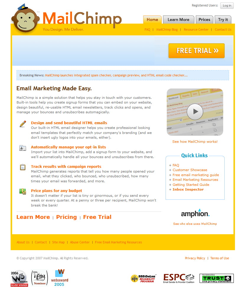 Mailchimp website in 2007