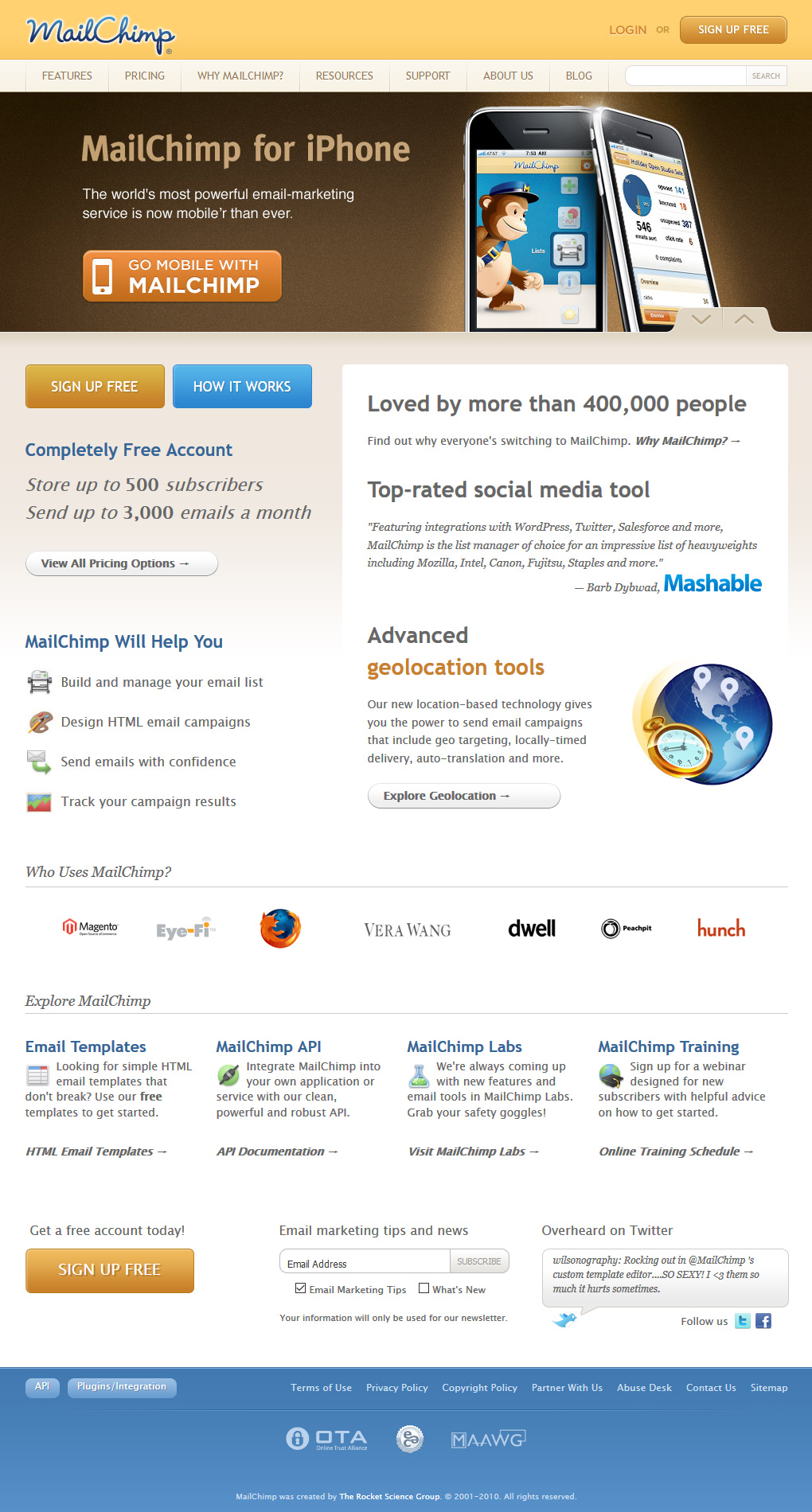 Mailchimp website in 2010