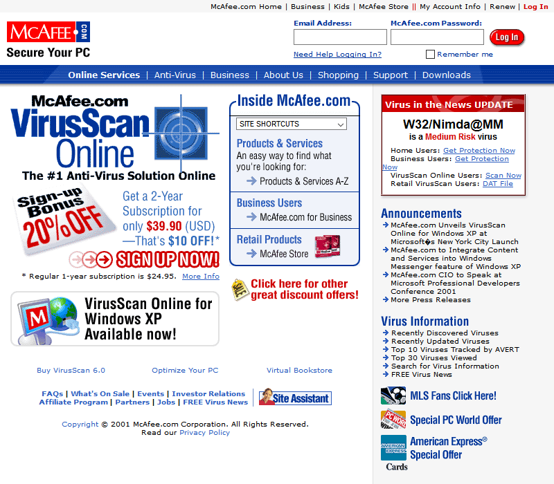 McAfee website in 2001