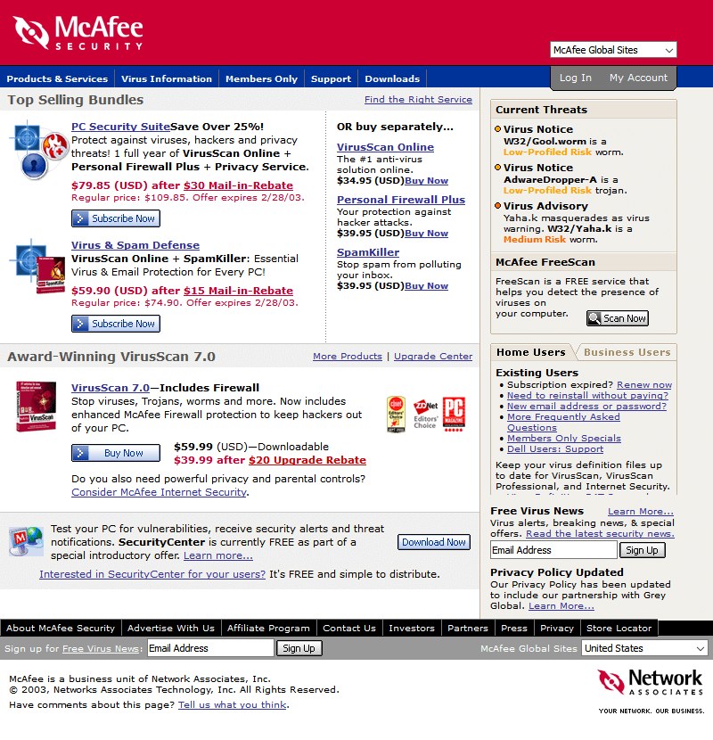 McAfee website in 2003