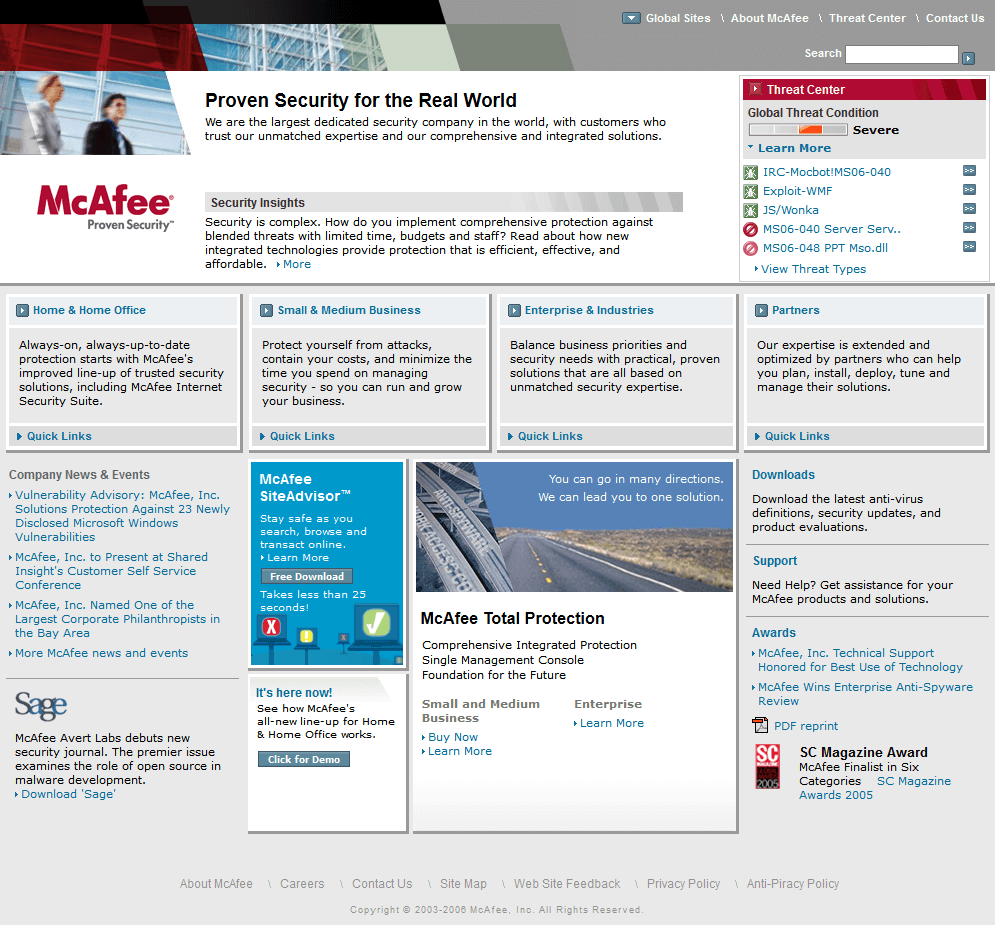 McAfee website in 2006