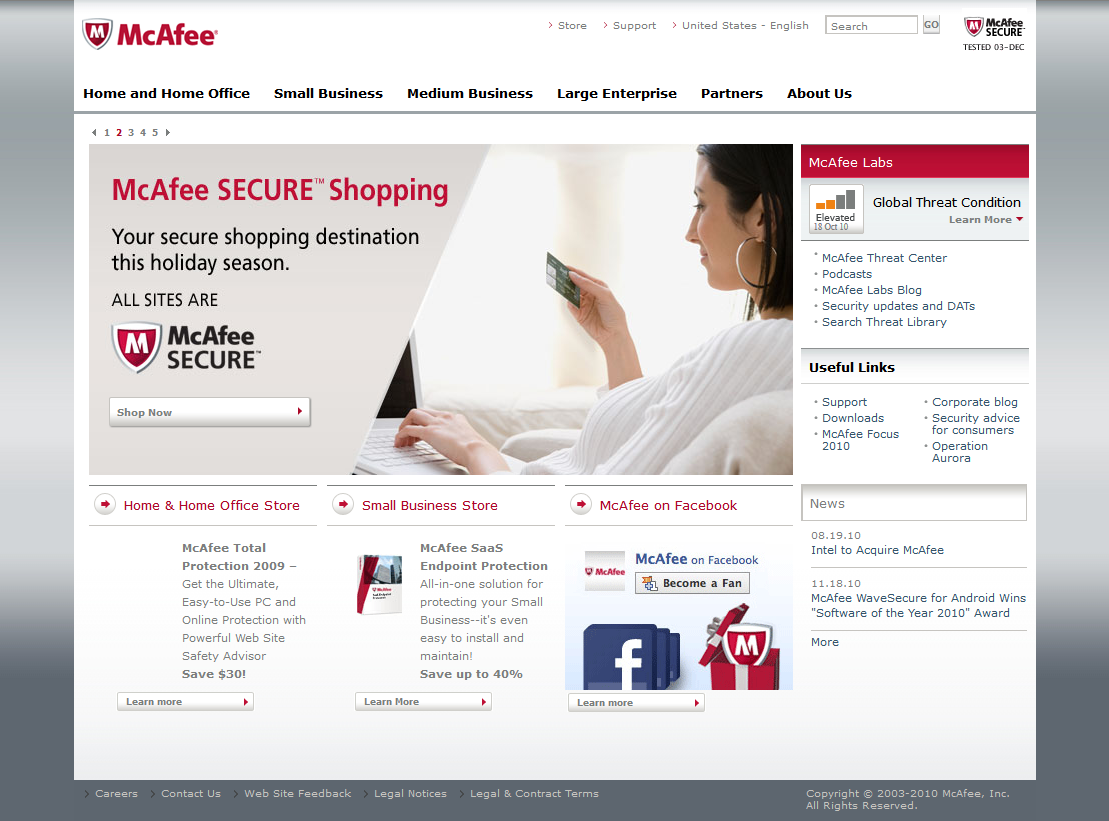 McAfee website in 2010