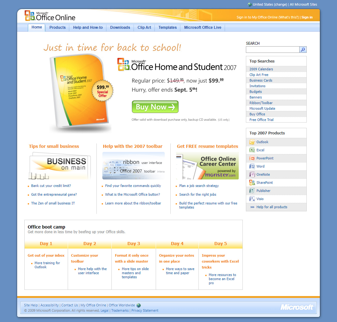 Microsoft Office website in 2009