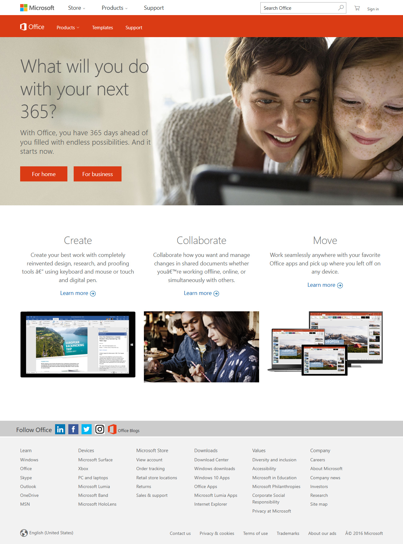 Microsoft Office website in 2016