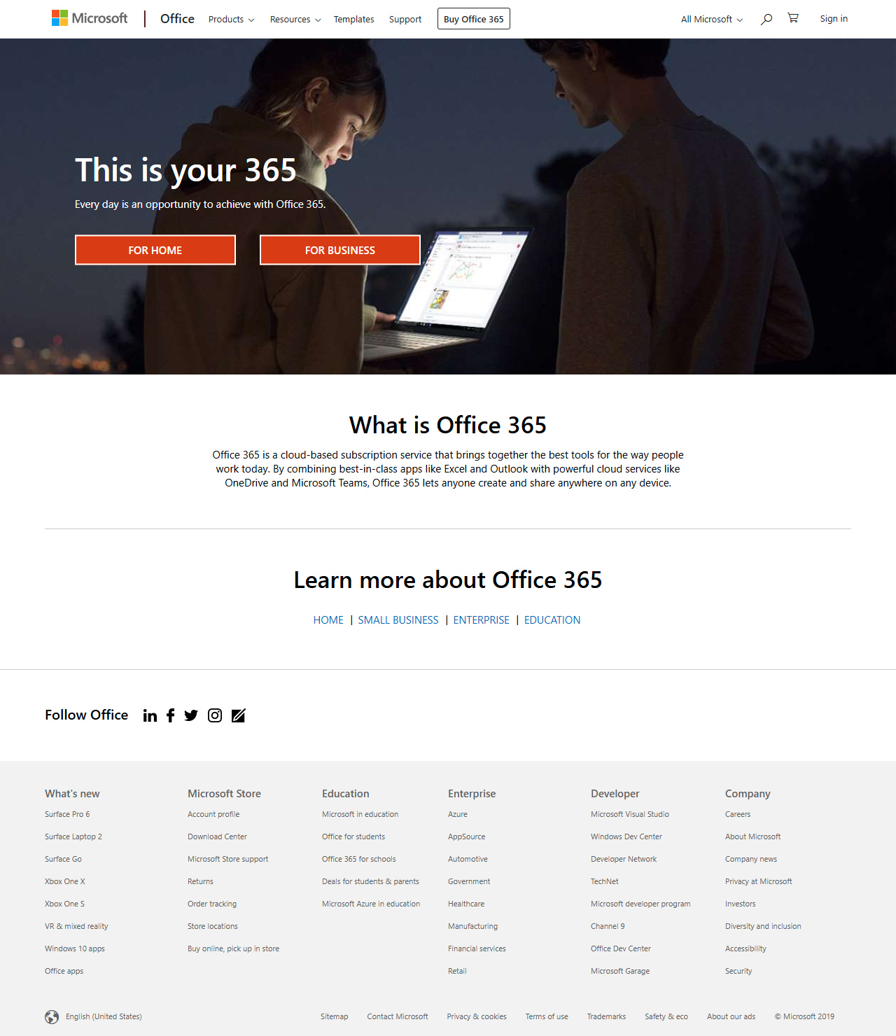 Microsoft Office website in 2019