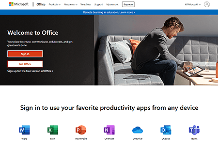 Microsoft Office website in 2020