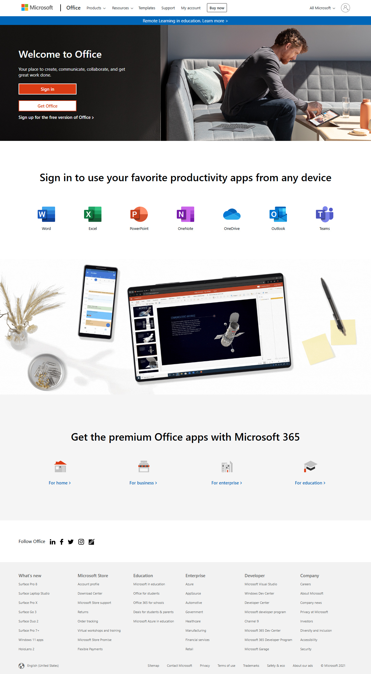 Microsoft Office website in 2021