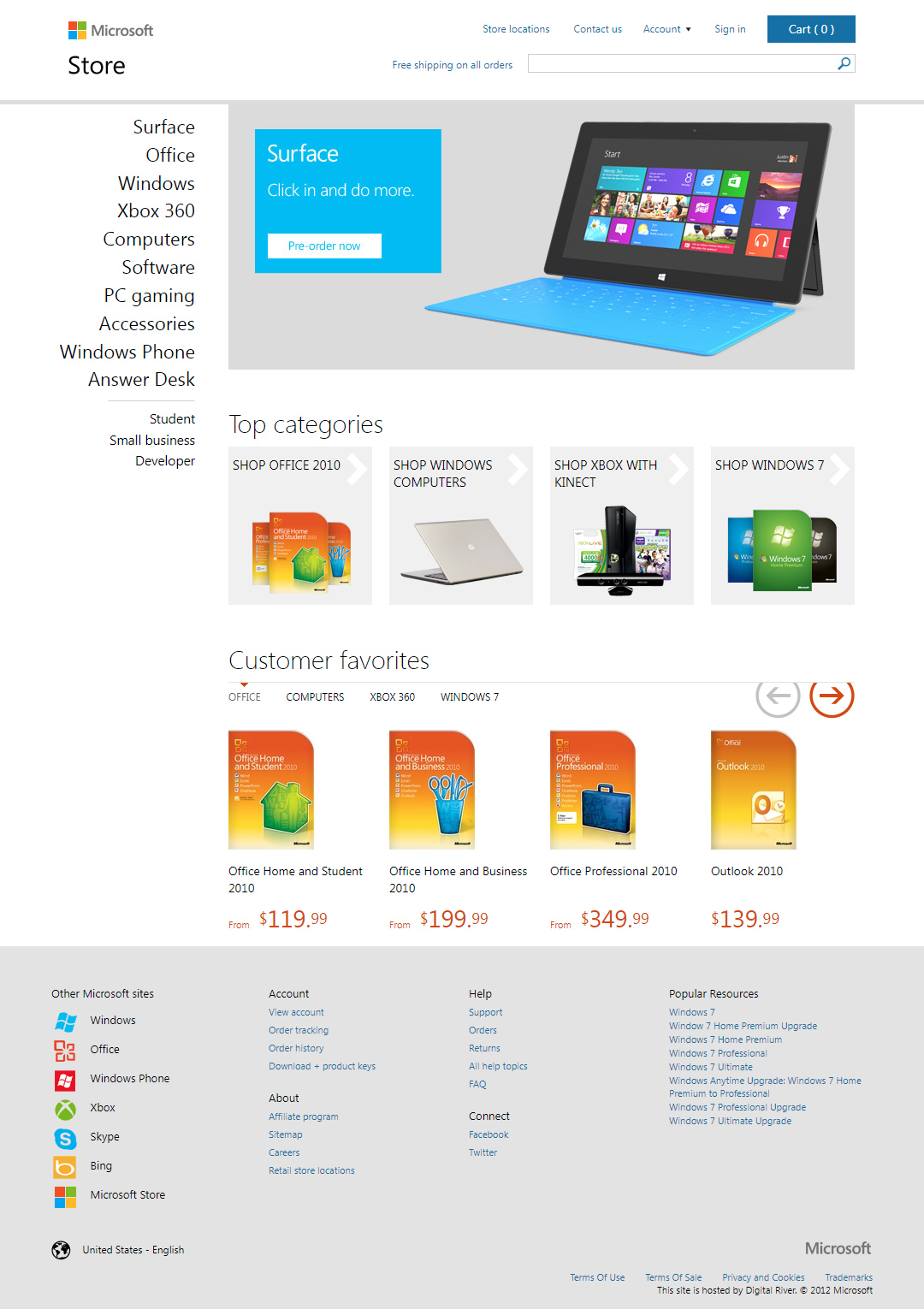 Microsoft Store website in 2012