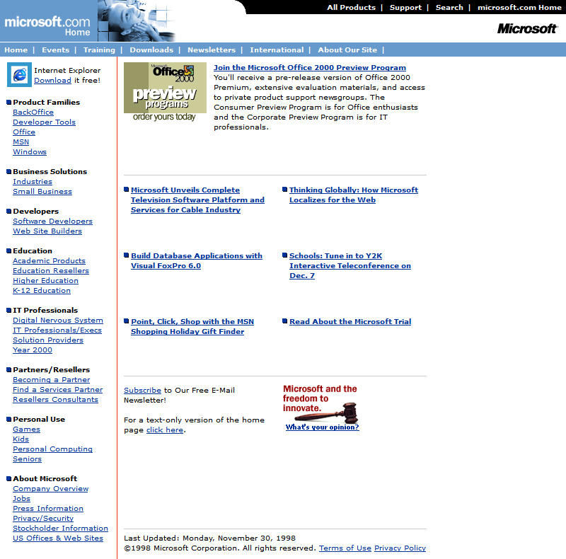 Microsoft website in 1998