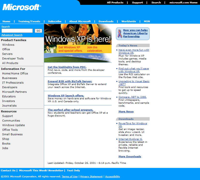 Microsoft website in 2001
