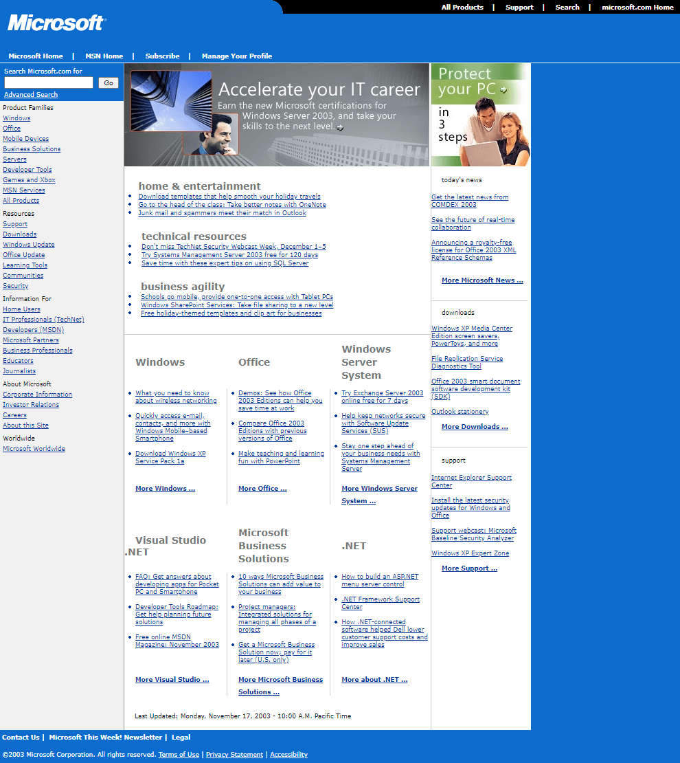 Microsoft website in 2003