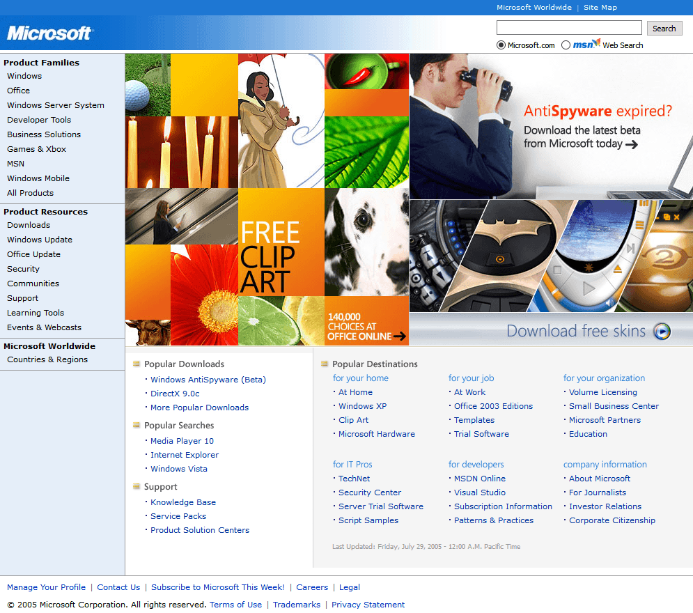 Microsoft website in 2005