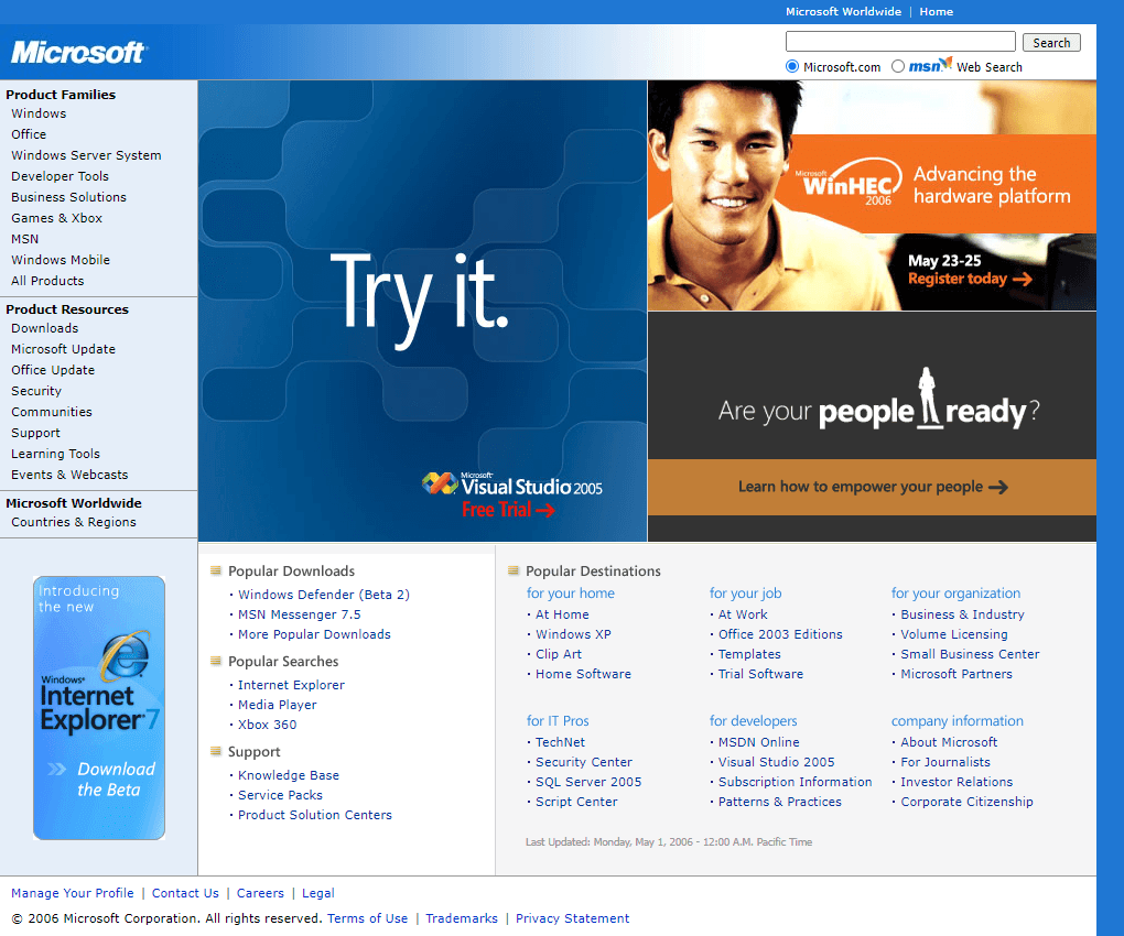 Microsoft website in 2006