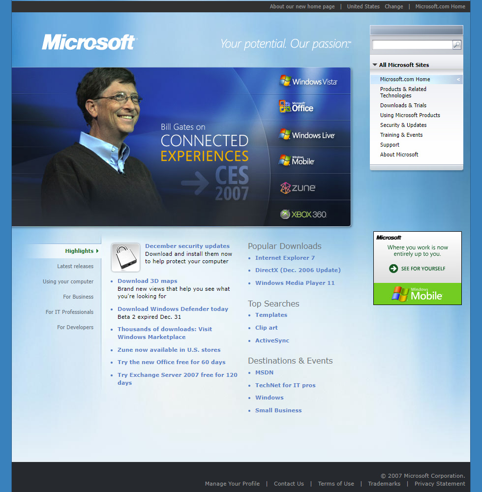 Microsoft website in 2007
