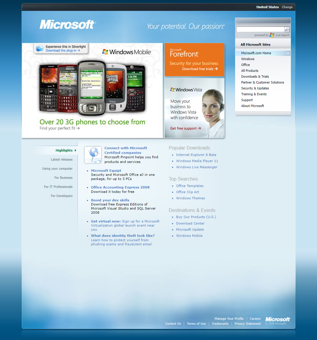 Microsoft website in 2008