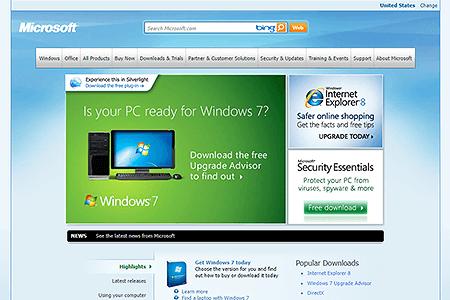 Microsoft website in 2009