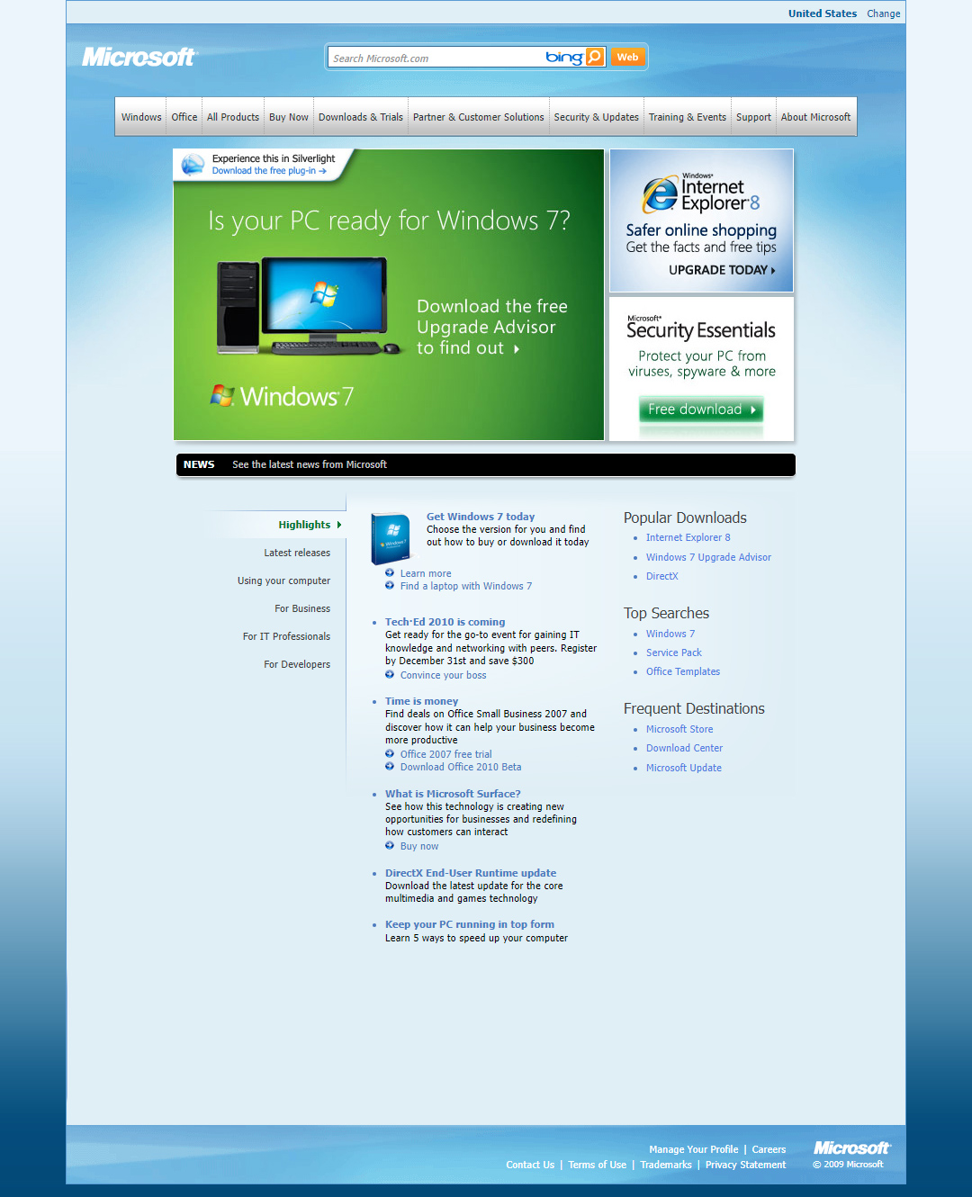 Microsoft website in 2009