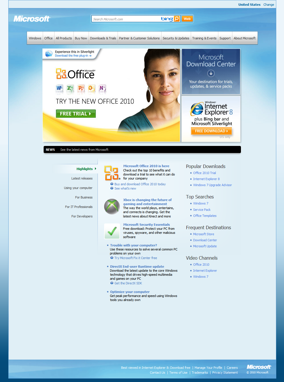 Microsoft website in 2010