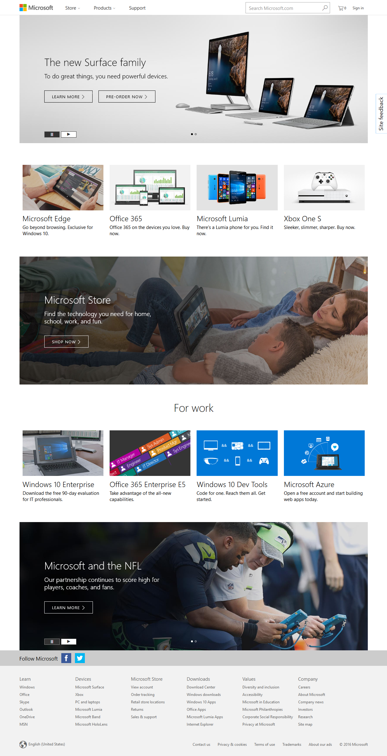 Microsoft website in 2016