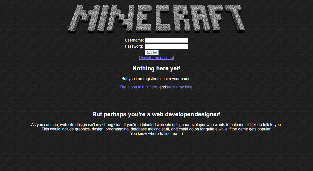 Minecraft website in 2009