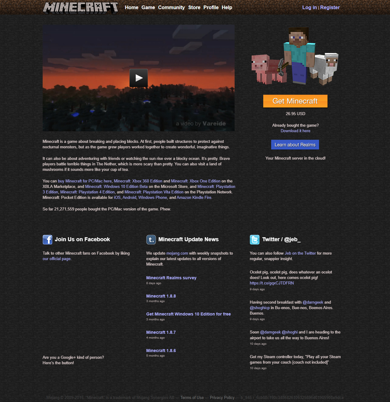 Minecraft website in 2015