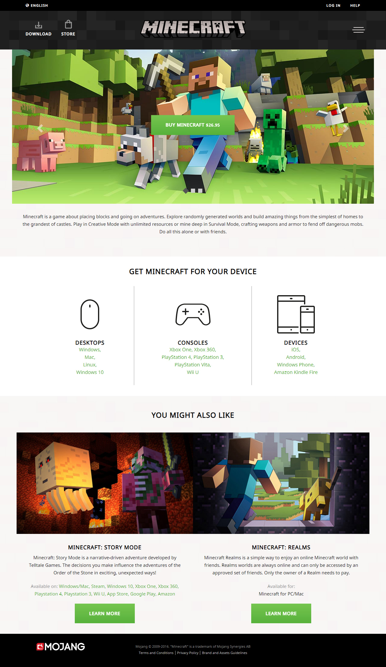 Minecraft website in 2016