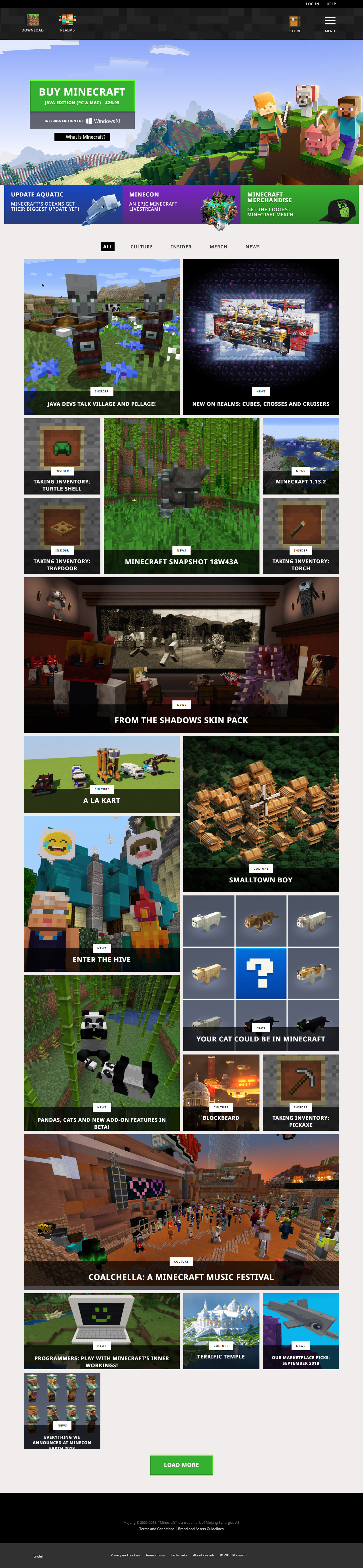 Minecraft website in 2018