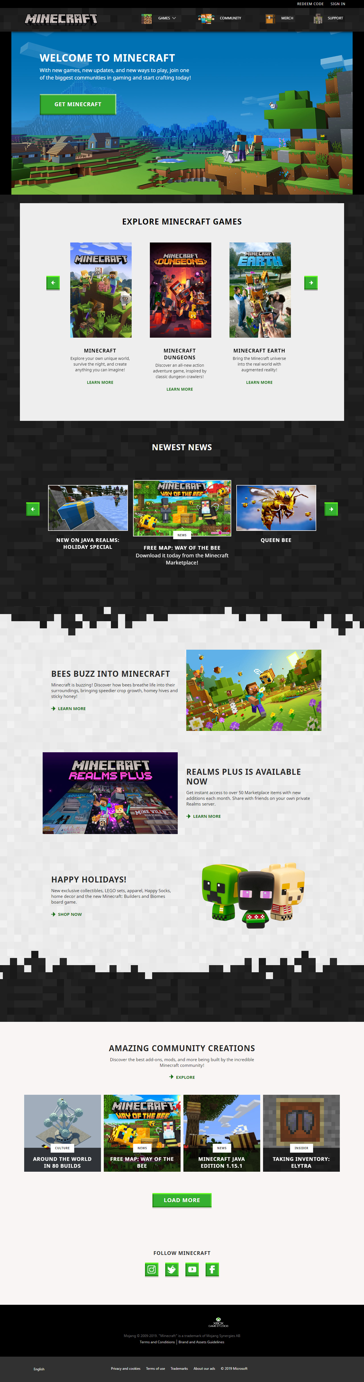 Minecraft website in 2019
