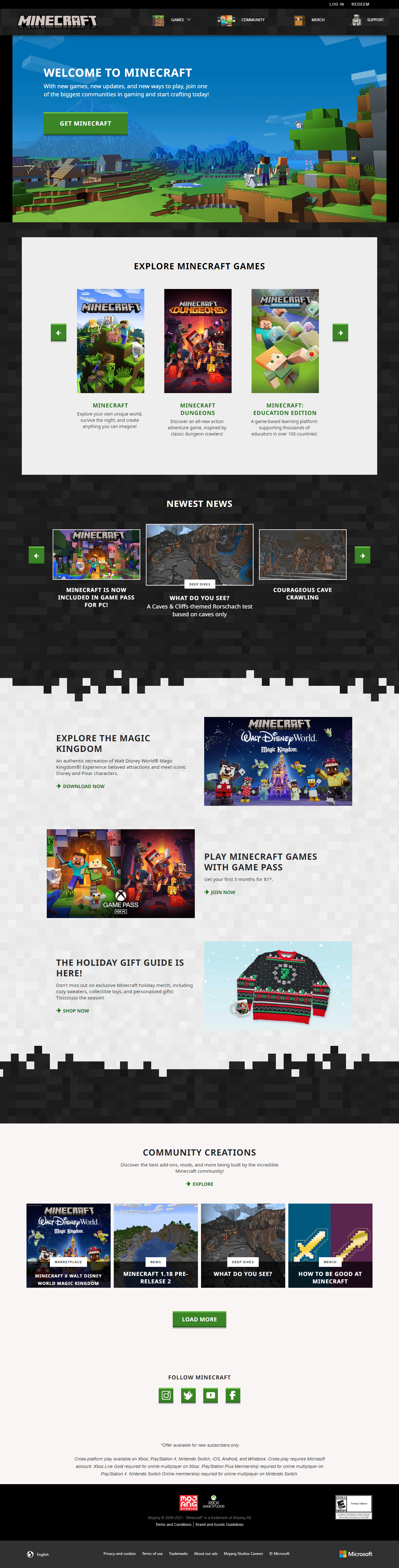 Minecraft website in 2021