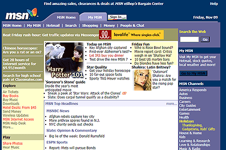 MSN website in 2001