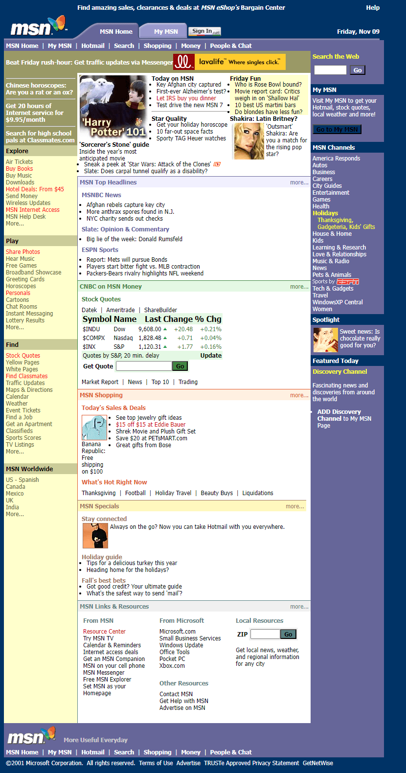 MSN website in 2001