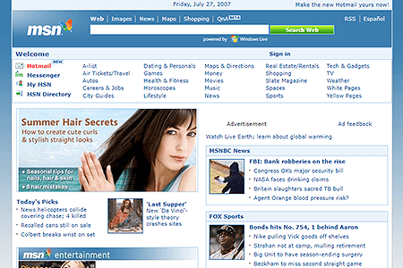 MSN website in 2007