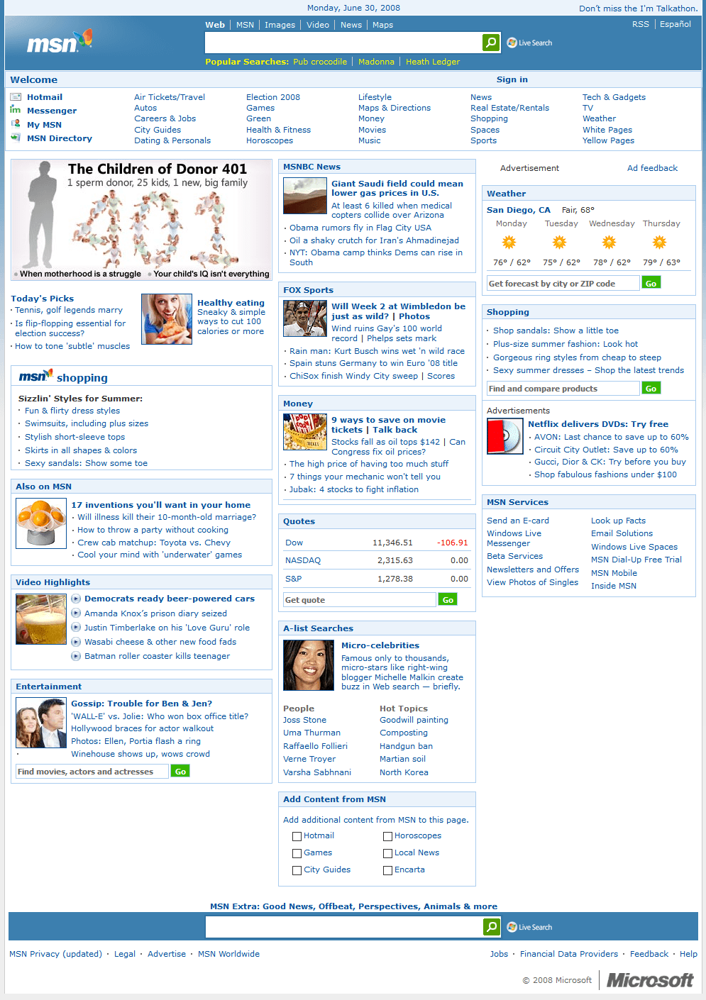 MSN website in 2008