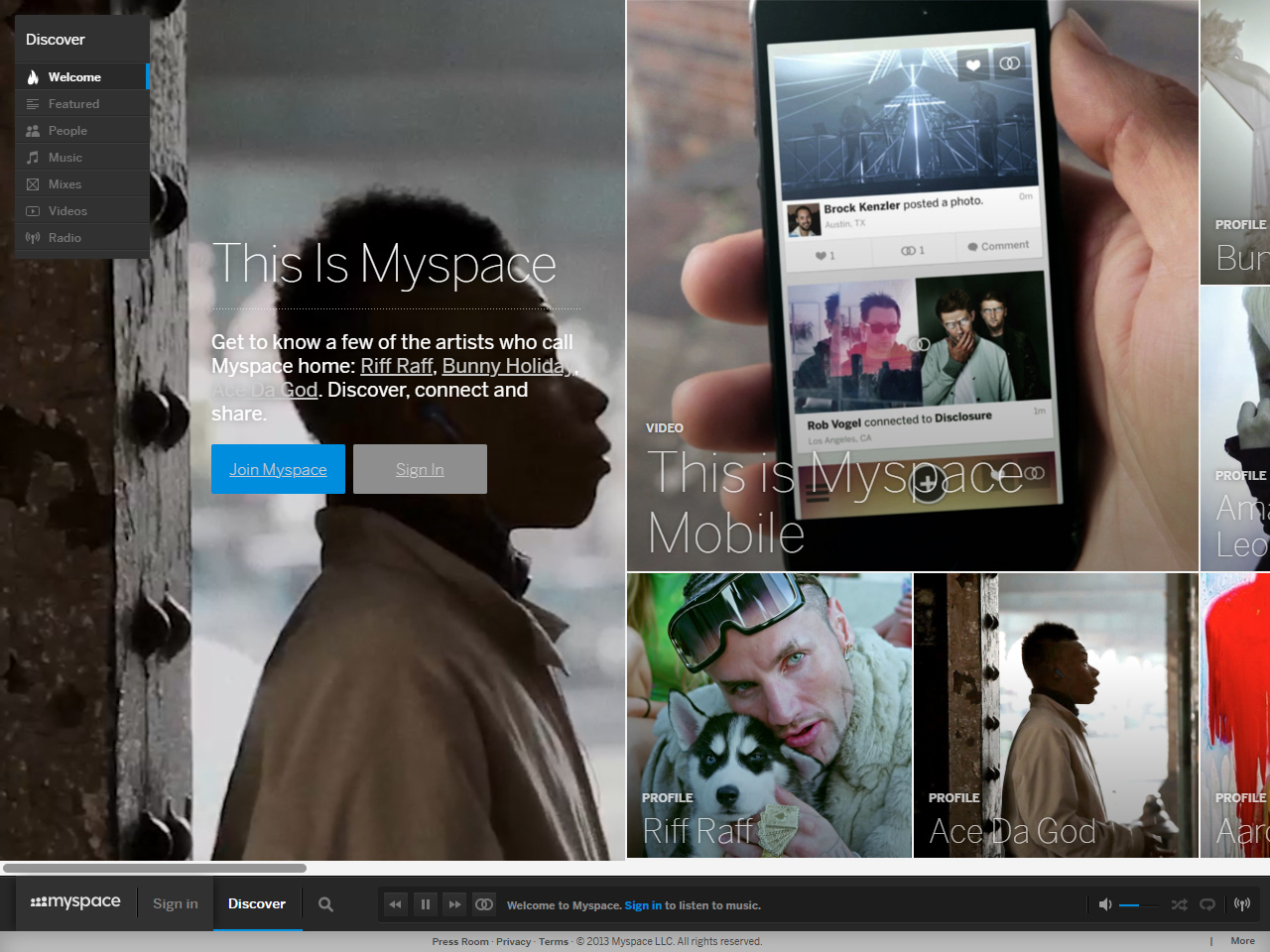 MySpace website in 2013