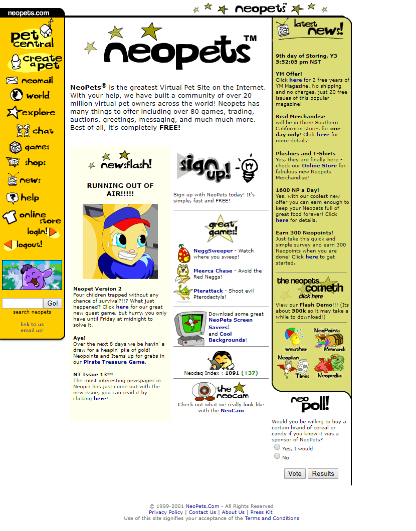 Neopets website in 2001