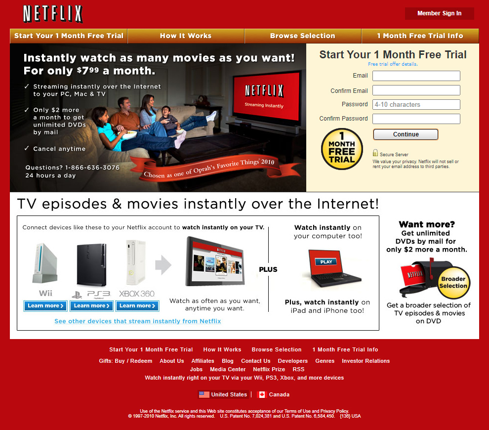 Netflix website in 2010