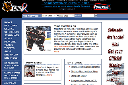 NHL website in 2001