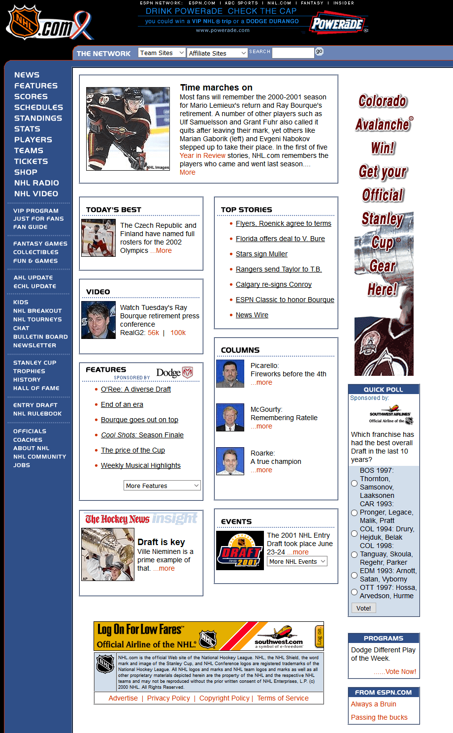 NHL website in 2001