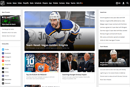 NHL website in 2020