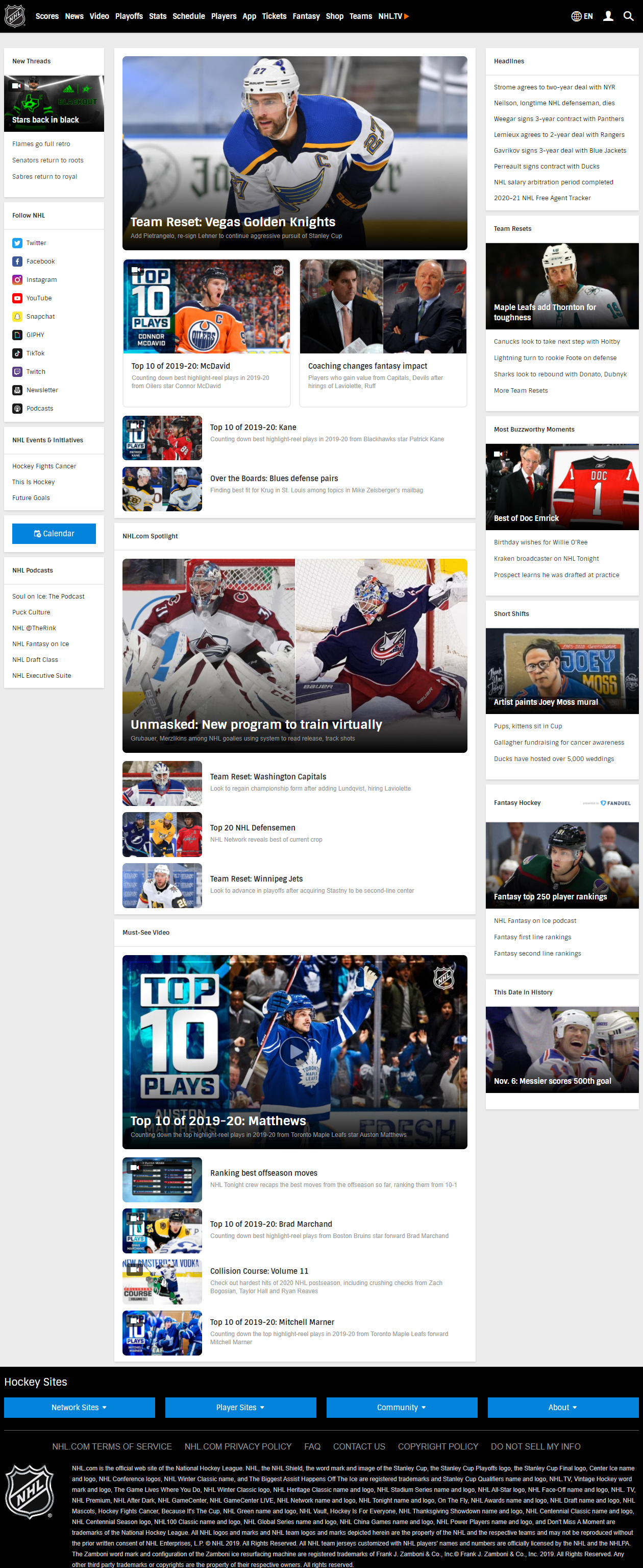NHL website in 2020