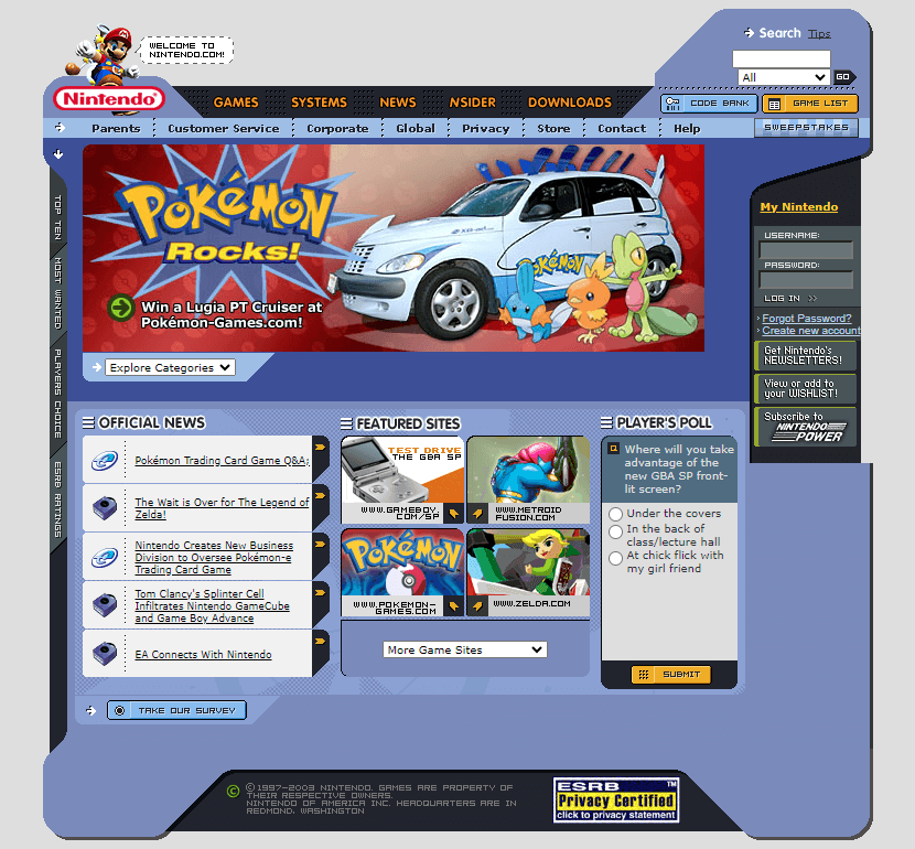 Nintendo website in 2003