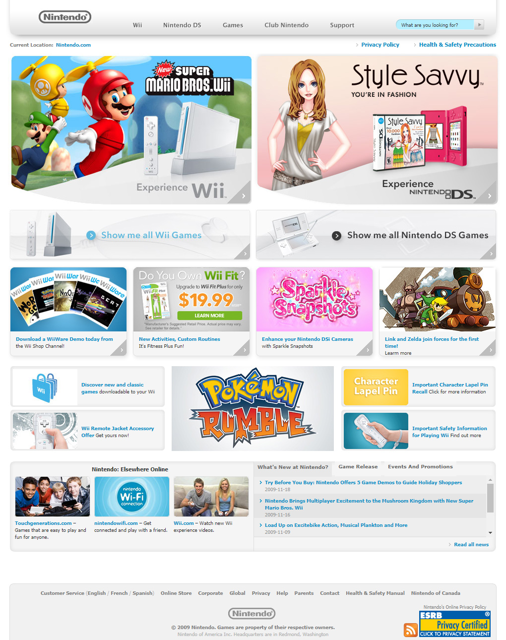 Nintendo website in 2009