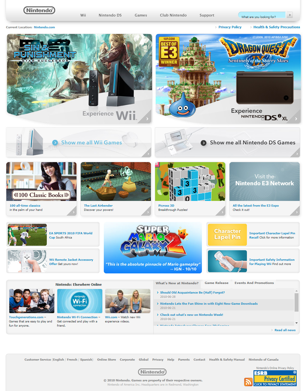 Nintendo website in 2010