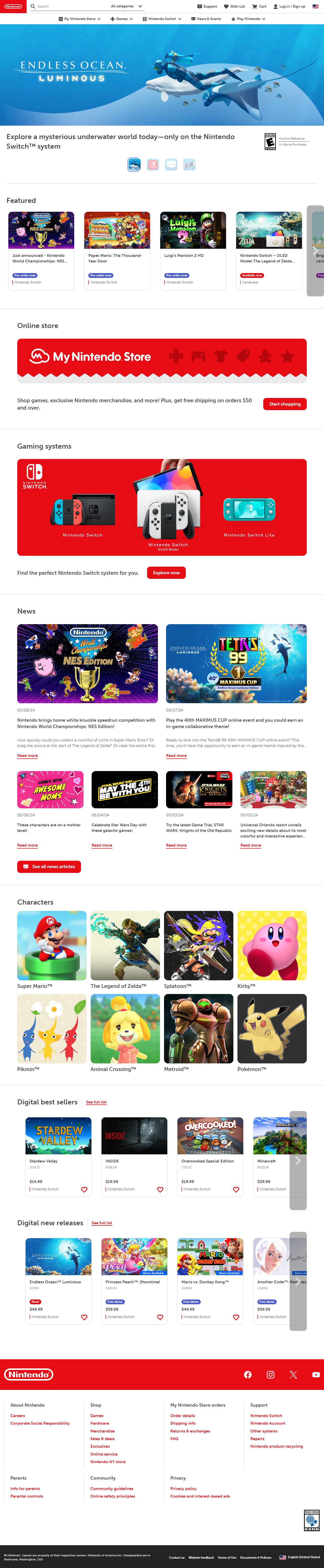 Nintendo website in 2024